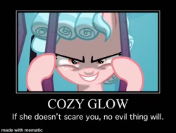 Size: 844x638 | Tagged: safe, edit, edited screencap, screencap, cozy glow, pegasus, pony, school raze, 101 dalmatians, bars, cruella de vil, demotivational poster, disney, evil grin, female, filly, grin, jail, meme, pure concentrated unfiltered evil of the utmost potency, pure unfiltered evil, smiling, wanna be friends?