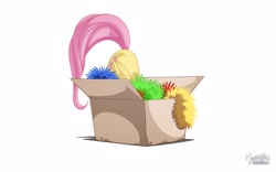 Size: 2560x1600 | Tagged: safe, artist:mysticalpha, fluttershy, pegasus, pony, box, christmas, cute, flutterbutt, pony in a box, shyabetes, simple background, solo, tinsel, white background