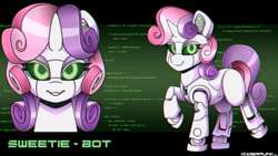 Size: 3840x2160 | Tagged: safe, artist:ciderpunk, derpibooru import, sweetie belle, sweetie bot, pony, robot, robot pony, sweetie bot project, bedroom eyes, computer, cute, diasweetes, looking at you, wallpaper, wingding eyes