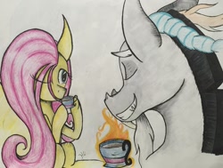 Size: 1024x776 | Tagged: safe, artist:monochromepony625, discord, fluttershy, pegasus, pony, discoshy, food, male, one eye closed, photo, shipping, sitting, straight, tea, traditional art