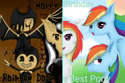 Size: 1500x1000 | Tagged: safe, artist:rainbow dash is best pony, derpibooru import, rainbow dash, oc, oc:asiandra, oc:rainbowrio, alicorn, pegasus, pony, alicorn oc, bendy, bendy and the ink machine, equestria, happy birthday, horn, joey drew studios, rainbow factory dash, spread wings, wings