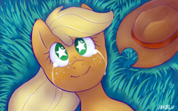 Size: 3840x2400 | Tagged: safe, artist:inkblu, applejack, earth pony, pony, applejack's parents, crying, grass, on back, smiling, solo, starry eyes