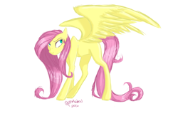 Size: 1024x695 | Tagged: safe, artist:pszemkotov, fluttershy, pegasus, pony, looking away, looking up, missing cutie mark, simple background, solo, spread wings, standing, tall, white background