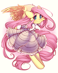 Size: 1024x1280 | Tagged: safe, artist:tolsticot, fluttershy, pegasus, pony, semi-anthro, cheek fluff, clothes, dress, flying, simple background, solo