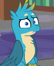 Size: 596x720 | Tagged: safe, edit, edited screencap, screencap, gallus, griffon, hybrid, pony, what lies beneath, beakless, confused, cropped, cursed image, frown, looking at you, male, muzzle, oh no, pony-muzzled griffon, pure unfiltered evil, sitting, solo focus, wat, what has science done, wide eyes, worried, wtf