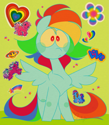 Size: 989x1132 | Tagged: safe, artist:hyperfixatins, artist:pillsburries, derpibooru import, pinkie pie, pinkie pie (g3), rainbow dash, rainbow dash (g3), sweetberry, earth pony, pegasus, pony, g3, flower, green background, heart, love, rainbow, shooting star, simple background, solo, sticker