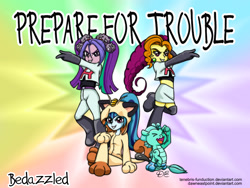 Size: 1024x768 | Tagged: safe, artist:tenebris-funduction, adagio dazzle, aria blaze, sonata dusk, oc, oc:penora melody, comic:bedazzled, equestria girls, clothes, james, jessie, meowth, midriff, pokémon, skirt, team rocket, the dazzlings, wobbuffet