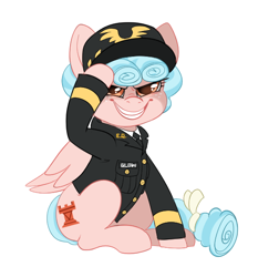 Size: 524x563 | Tagged: safe, artist:ponycide, cozy glow, pegasus, pony, clothes, colored, female, filly, freckles, menacing, name tag, pure concentrated unfiltered evil of the utmost potency, pure unfiltered evil, salute, simple background, solo, uniform