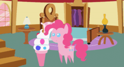 Size: 625x340 | Tagged: safe, artist:agrol, pinkie pie, earth pony, pony, party pooped, animated, gif, pointy ponies, solo, sugarcube corner, trapdoor