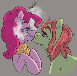 Size: 888x871 | Tagged: safe, artist:wlemin, pinkie pie, tree hugger, earth pony, pony, bust, drugs, kissing, lidded eyes, looking at each other, marijuana, pinkiehugger, shipping, simple background, smiling, smoke