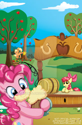 Size: 400x607 | Tagged: safe, artist:marybellamy, apple bloom, applejack, pinkie pie, earth pony, pony, alcohol, apple, apple tree, applebucking, cider, food, watermark