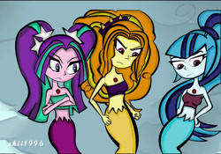 Size: 1096x768 | Tagged: safe, artist:chii1996, adagio dazzle, aria blaze, sonata dusk, mermaid, equestria girls, bandeau, mermaidized, midriff, the dazzlings