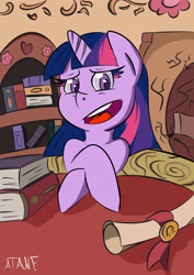 Size: 2893x4092 | Tagged: safe, artist:atane27, derpibooru import, twilight sparkle, book, golden oaks library, looking at you, scroll, solo