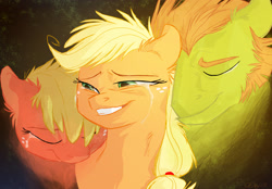 Size: 2549x1773 | Tagged: safe, artist:graystripe64, applejack, earth pony, pony, applejack's dad, applejack's mom, applejack's parents, crying, eyes closed, family, father, female, freckles, hat, ma apple, male, mare, mother, pa apple, smiling, stallion