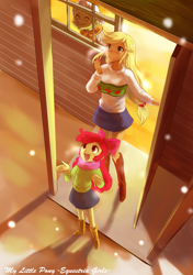 Size: 1155x1641 | Tagged: safe, artist:manmaru00, apple bloom, applejack, granny smith, equestria girls, blonde, boots, clothes, cute, daaaaaaaaaaaw, denim, denim skirt, hatless, missing accessory, skirt, snow, snowfall