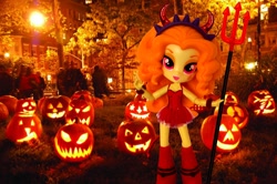 Size: 1080x718 | Tagged: safe, artist:whatthehell!?, edit, adagio dazzle, equestria girls, boots, clothes, costume, devil, doll, equestria girls minis, halloween, holiday, horn, irl, jack-o-lantern, night, outfit, park, photo, pumpkin, shoes, toy, trident