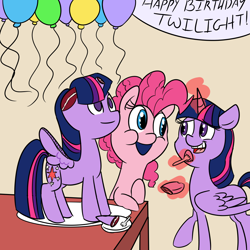 Size: 1000x1000 | Tagged: safe, artist:espeonna, derpibooru import, pinkie pie, twilight sparkle, twilight sparkle (alicorn), alicorn, earth pony, pony, balloon, cake, creepy, female, mare