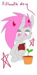 Size: 3000x6000 | Tagged: safe, artist:fajnyziomal, oc, oc only, oc:purple light, pony, unicorn, comic:świstek, bag, cheek fluff, comic, devil horns, dust, female, fetus, flower pot, looking at something, mare, pure unfiltered evil, shoulder fluff, solo, sprout, stars