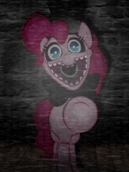 Size: 1536x2048 | Tagged: safe, pinkie pie, earth pony, pony, robot, animatronic, bowtie, creepy, five nights at freddy's, five nights at pinkie's, hat, looking at you, solo, top hat