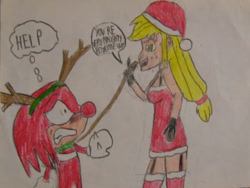 Size: 1024x768 | Tagged: safe, artist:brandonale, applejack, equestria girls, appleknux, christmas, crossover, crossover shipping, knuckles the echidna, shipping, sonic the hedgehog (series), traditional art