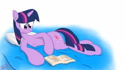 Size: 1920x1080 | Tagged: safe, artist:wan1357, derpibooru import, twilight sparkle, bed, book, chest fluff, on side, reading, solo