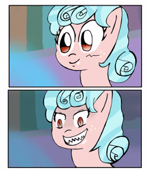 Size: 2638x3106 | Tagged: safe, artist:helsaabi, cozy glow, pegasus, pony, what lies beneath, 2 panel comic, comic, female, filly, freckles, pure concentrated unfiltered evil of the utmost potency, pure unfiltered evil, scene interpretation, slasher smile, solo