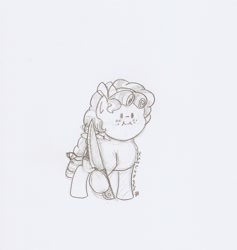Size: 1039x1096 | Tagged: safe, artist:ravenpuff, cozy glow, pegasus, pony, chest fluff, cozybetes, cute, dot eyes, female, filly, kirb, knife, monochrome, pure concentrated unfiltered evil of the utmost potency, pure unfiltered evil, solo, traditional art