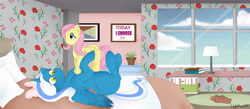 Size: 5768x2520 | Tagged: safe, artist:nightmare58, derpibooru import, fluttershy, oc, oc:fleurbelle, alicorn, pegasus, pony, alicorn oc, bed, bedroom, book, bow, cloud, cute, female, flower, golden eyes, hair bow, lamp, looking up, lying down, lying on bed, mare, microsoft, paintings, pillow, pink bow, plant, plushie, ribbon, rug, scenery, sky, wallpaper, window, windows