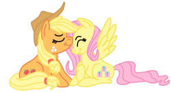 Size: 538x291 | Tagged: safe, artist:squipycheetah, applejack, fluttershy, earth pony, pegasus, pony, appleshy, crossed hooves, eyes closed, female, lesbian, nuzzling, raised hoof, shipping, simple background, sitting, smiling, spread wings, white background