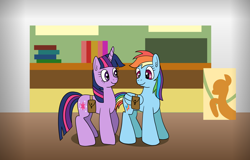 Size: 1600x1024 | Tagged: safe, artist:platinumdrop, derpibooru import, rainbow dash, twilight sparkle, unicorn twilight, pegasus, pony, unicorn, bag, bookshelf, classroom, request, saddle bag