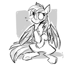 Size: 1076x982 | Tagged: safe, artist:klhpyro, derpibooru import, rainbow dash, pegasus, pony, monochrome, nervous, solo