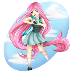 Size: 2000x2000 | Tagged: safe, artist:alphab33, fluttershy, human, clothes, cloud, cute, heart hands, humanized, mary janes, moe, pony coloring, scarf, shoes, shyabetes, skirt, socks, solo