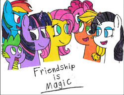 Size: 678x522 | Tagged: safe, artist:magicgirl88, derpibooru import, applejack, fluttershy, pinkie pie, rainbow dash, rarity, spike, twilight sparkle, dragon, earth pony, pegasus, pony, unicorn, mane seven, mane six, traditional art