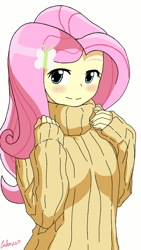 Size: 720x1280 | Tagged: safe, artist:leone di cielo, fluttershy, equestria girls, blushing, clothes, cute, looking at you, shyabetes, solo, sweater, sweatershy