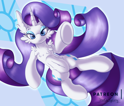 Size: 3000x2550 | Tagged: safe, artist:shad0w-galaxy, rarity, pony, unicorn, adorasexy, bedroom eyes, belly button, chest fluff, cute, ear fluff, fluffy, horn, lying, patreon, patreon logo, sexy, smiling, solo