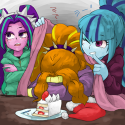 Size: 762x762 | Tagged: safe, artist:kogarasumaru24, adagio dazzle, aria blaze, sonata dusk, equestria girls, adoragio, ariabetes, blanket, cake, candle, christmas, cute, food, hat, head down, heartwarming, holiday, sad, santa hat, sleeping, sonatabetes, sweet dreams fuel, the dazzlings, zzz