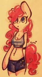 Size: 270x489 | Tagged: safe, artist:tamyarts, pinkie pie, anthro, arm hooves, clothes, solo, traditional art