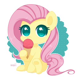 Size: 600x600 | Tagged: safe, artist:exceru-karina, fluttershy, pegasus, pony, chibi, cute, eating, food, hoof hold, ice cream, ice cream cone, looking at you, shyabetes, simple background, sitting, solo, transparent background