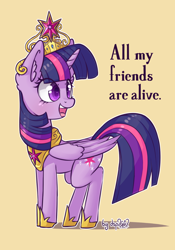 Size: 1024x1464 | Tagged: safe, artist:dsp2003, twilight sparkle, twilight sparkle (alicorn), alicorn, pony, 2018, all my friends are alive, all my friends are dead, big crown thingy, blushing, crown, female, good end, hilarious in hindsight, implied immortality, jewelry, mare, open mouth, regalia, simple background, solo