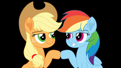 Size: 1280x720 | Tagged: safe, artist:juggybuggy305, derpibooru import, applejack, rainbow dash, earth pony, pegasus, pony, appledash, black background, female, lesbian, movie accurate, shipping, simple background