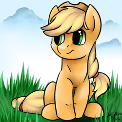 Size: 1000x1000 | Tagged: safe, artist:intfighter, applejack, earth pony, pony, cloud, cute, female, grass, jackabetes, mare, sitting, solo