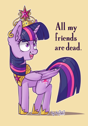 Size: 1024x1464 | Tagged: safe, alternate version, artist:dsp2003, twilight sparkle, twilight sparkle (alicorn), alicorn, pony, 2018, all my friends are dead, bad end, big crown thingy, crown, crying inside, female, immortality blues, insanity, irrational exuberance, jewelry, mare, open mouth, regalia, simple background, smiling, solo, twilight will outlive her friends, yellow background