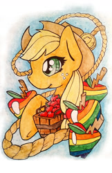 Size: 1024x1583 | Tagged: safe, artist:tank-and-dps, applejack, earth pony, pony, apple, food, rope, solo, zap apple