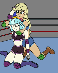 Size: 770x968 | Tagged: safe, artist:avispaneitor, applejack, coco pommel, equestria girls, belly button, chokehold, choking, clothes, equestria girls wrestling series, equestria girls-ified, midriff, sports bra, wrestling, wrestling ring