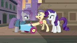 Size: 1280x720 | Tagged: safe, screencap, maud pie, rarity, street rat, pony, unicorn, the gift of the maud pie, manehattan, party cannon