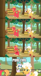 Size: 500x918 | Tagged: safe, edit, edited screencap, editor:secrettitan, screencap, big macintosh, cat, earth pony, pony, going to seed, apple, apple tree, barrel, butt, caption, comic, female, food, goldie delicious' cats, male, mare, meme, plot, pure unfiltered evil, screencap comic, stallion, text, tree