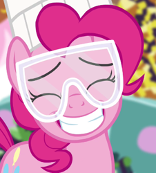 Size: 371x411 | Tagged: safe, screencap, pinkie pie, earth pony, pony, maud pie (episode), cropped, cute, diapinkes, female, goggles, mare, safety goggles, smiling, solo