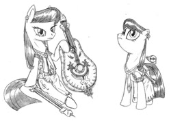 Size: 809x574 | Tagged: safe, artist:blackbsuniverse, artist:dzaladan, octavia melody, earth pony, pony, cello, jrpg, monochrome, musical instrument, redesign, redraw, sword, traditional art