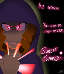 Size: 1000x1167 | Tagged: safe, artist:jase1505, adagio dazzle, series:sunlight horizons, equestria girls, rainbow rocks, clothes, evil grin, glowing eyes, grin, hoodie, implied lesbian, implied shipping, implied sunsagio, smiling, solo, speech