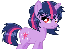 Size: 989x682 | Tagged: safe, artist:celinesparkle, derpibooru import, twilight sparkle, unicorn twilight, unicorn, alternate hairstyle, red eyes, solo, twilight is not amused, unamused